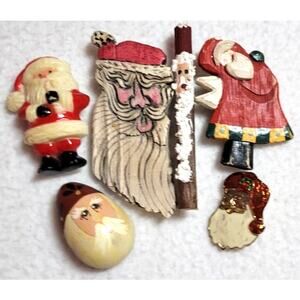 6 Santa Claus Brooches Lot Handmade Folk Art Rustic Wood Resin Christmas Pins
